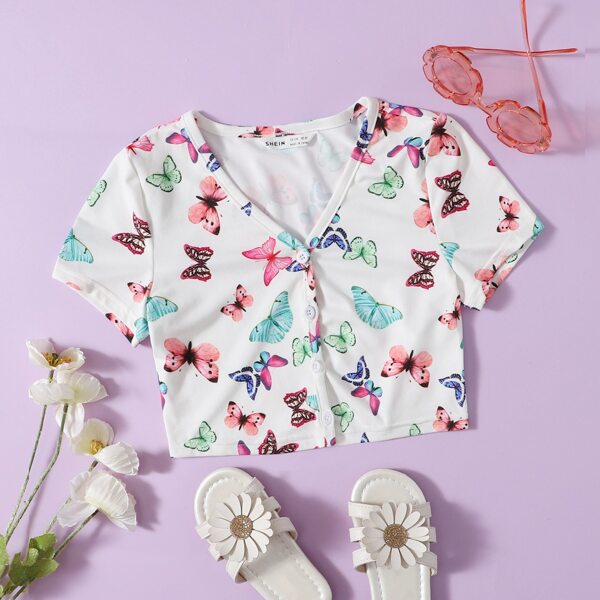 

Girls Single Breasted Butterfly Print Tee, Multicolor
