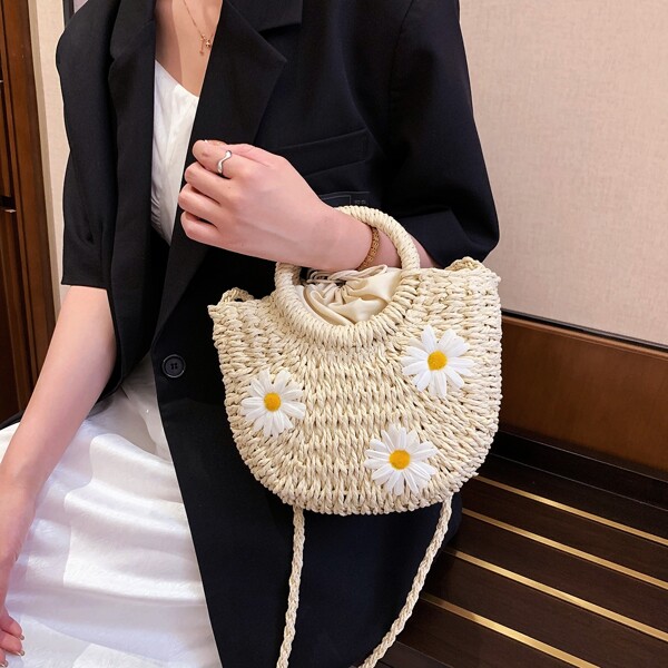 

Applique Straw Satchel Bag, Beige