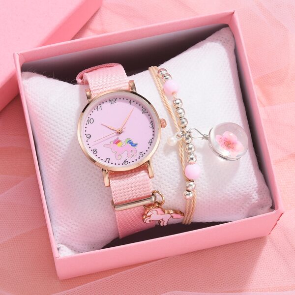 

1pc Kids Canvas Strap Quartz Watch & 1pc Bracelet