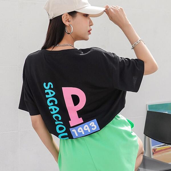 

Letter Graphic Drop Shoulder Oversized Tee, Black