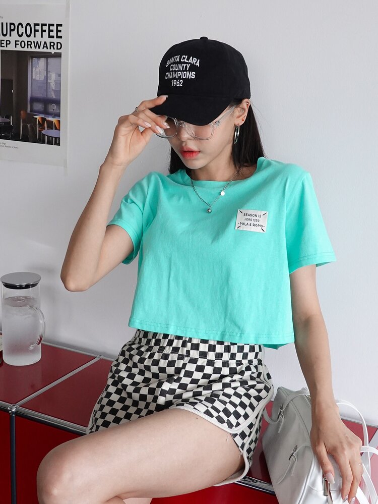 DAZY Letter Patched Crop Tee - Mint Blue - View 7