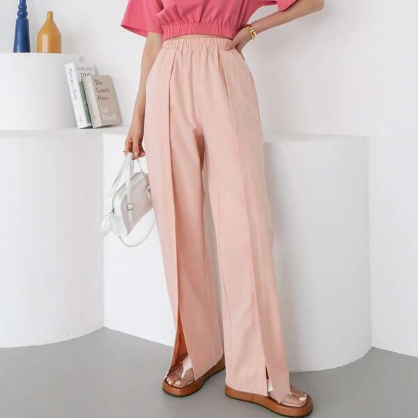 

Split Hem High Waist Wide Leg Pants, Baby pink