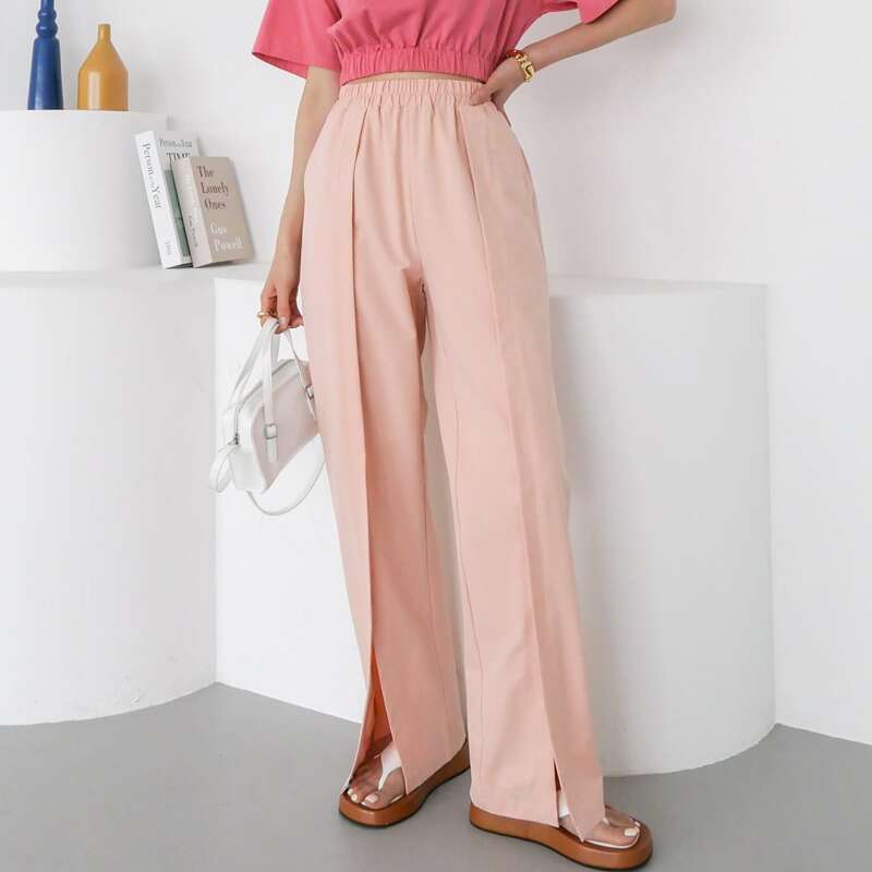 

Split Hem High Waist Wide Leg Pants, Baby pink