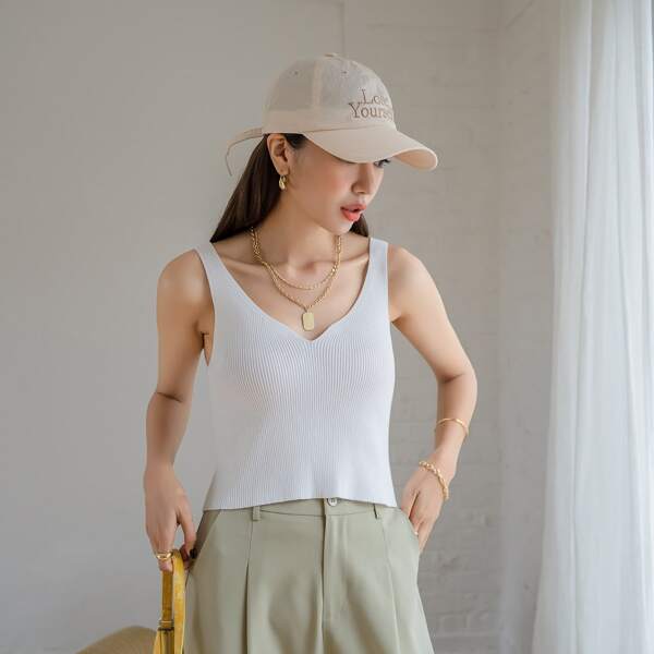 

Solid Ribbed Tank Top, White