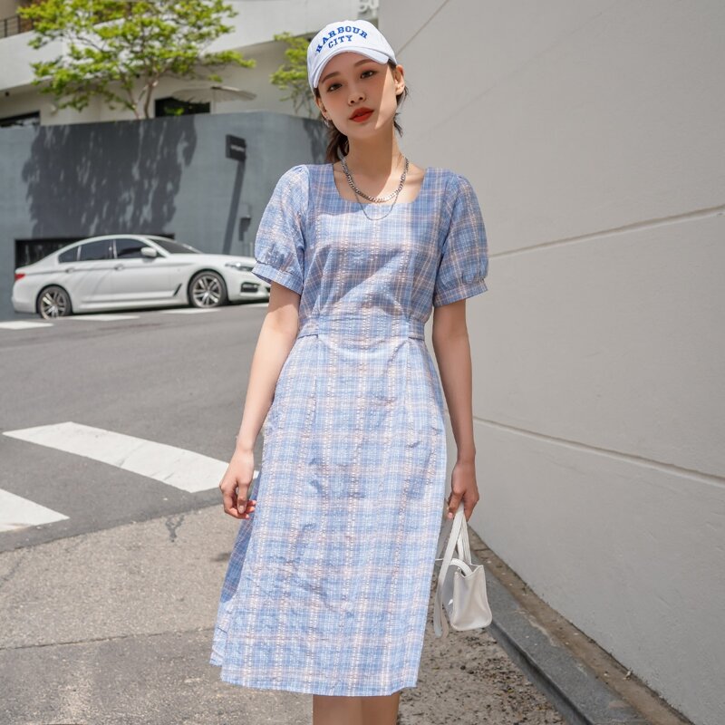 

Plaid Square Neck Tie Back Dress, Baby blue