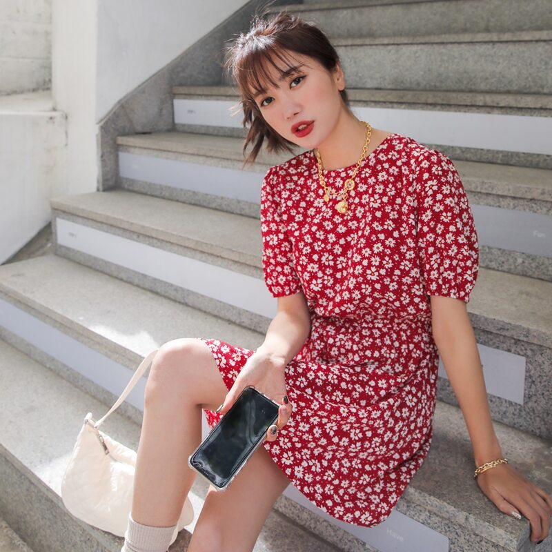 

Ditsy Floral Print Tie Back A-line Dress, Red