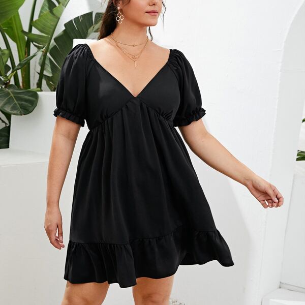 

Plus Ruffle Hem Sweetheart Neck Dress, Black