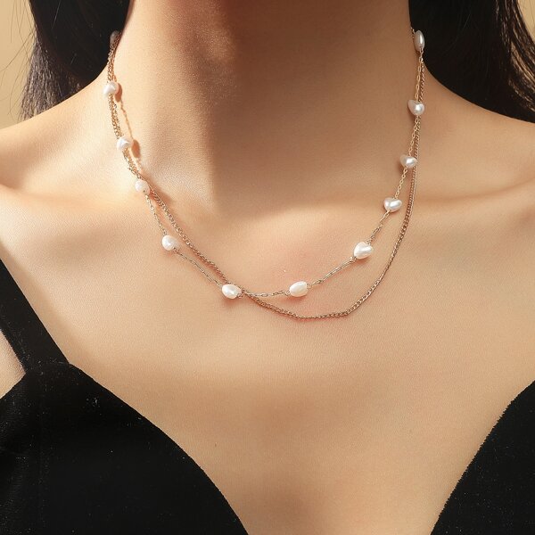

Faux Pearl Decor Layered Necklace, Gold