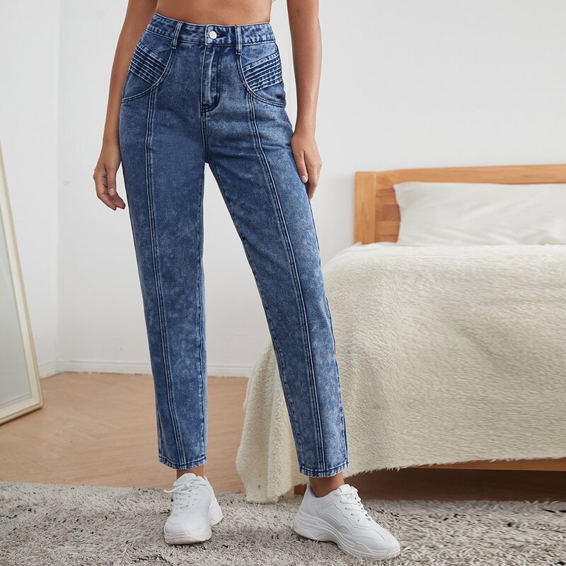 

High Waist Pleated Detail Jeans, Medium wash