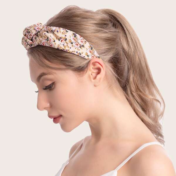 

Floral Print Wide Headband, Beige
