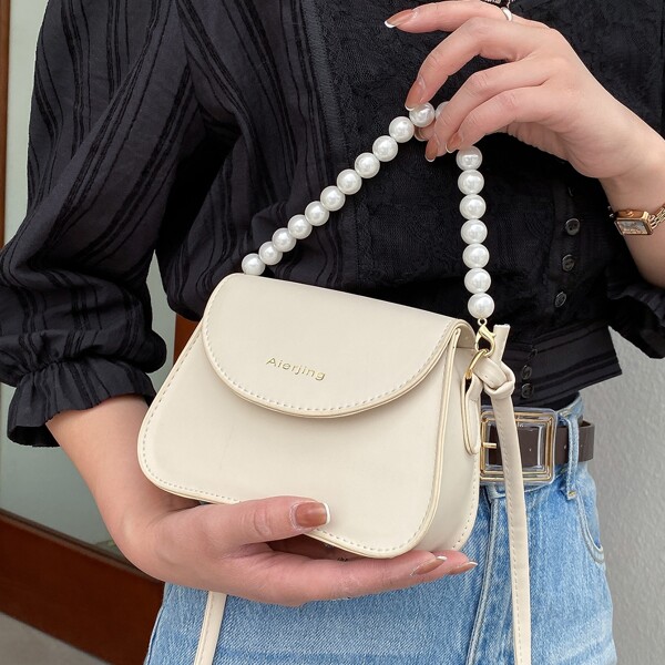 

Faux Pearl Decor Satchel Bag, Beige