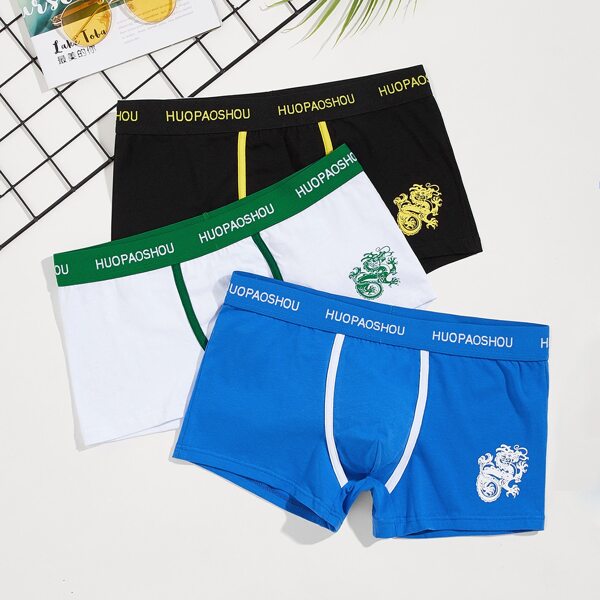 

Men 3pcs Chinese Dragon & Letter Graphic Boxer Brief, Multicolor