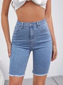 Slant Pocket Roll Hem Denim Shorts - Light Wash - View 1