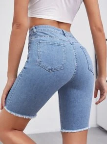 Slant Pocket Roll Hem Denim Shorts - Light Wash - View 2