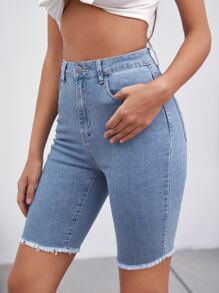 Slant Pocket Roll Hem Denim Shorts - Light Wash - View 4