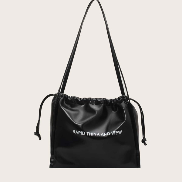 

Letter Graphic Drawstring Shoulder Tote Bag, Black