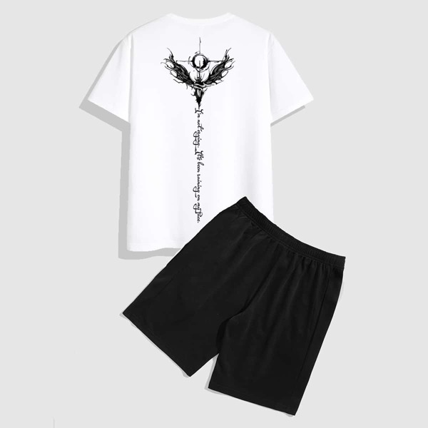 

Men Letter Graphic Tee & Track Shorts, Black and white