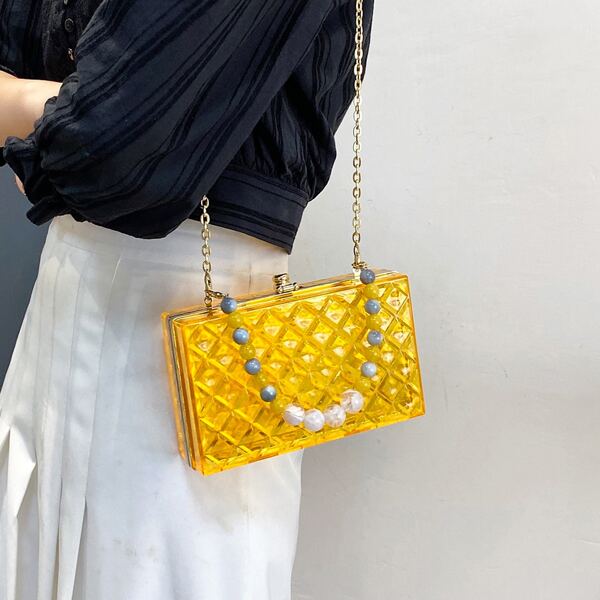 

Beaded Decor Chain Box Bag, Yellow