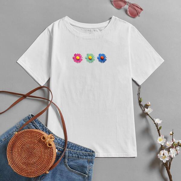 

Floral Print Short Sleeve Tee, White
