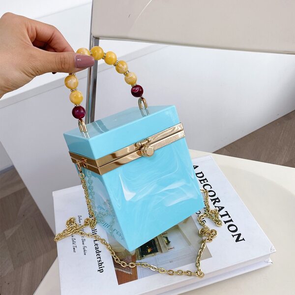 

Mini Beaded Decor Chain Box Bag, Blue