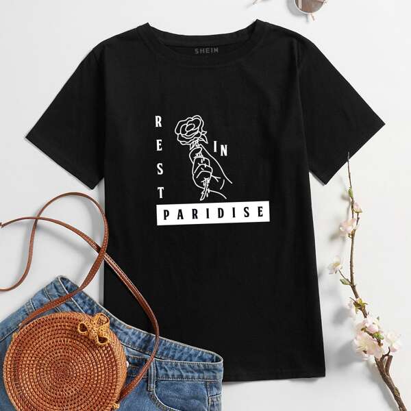 

Rose & Letter Graphic Tee, Black