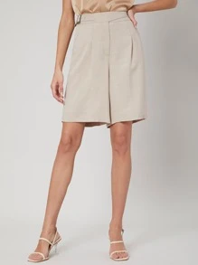 MOTF PREMIUM Quần short Nút màu trơn Giải trí - Màu be - Xem 1