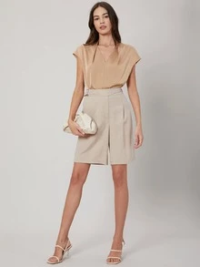 MOTF PREMIUM Quần short Nút màu trơn Giải trí - Màu be - Xem 3