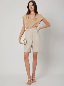 MOTF PREMIUM Quần short Nút màu trơn Giải trí - Màu be - Xem 4