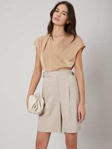 MOTF PREMIUM Quần short Nút màu trơn Giải trí - Màu be - Xem 5