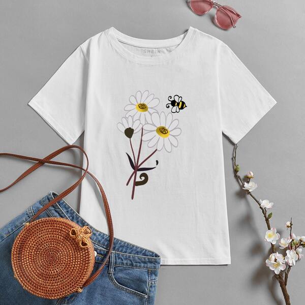 

Floral & Bee Print Tee, White