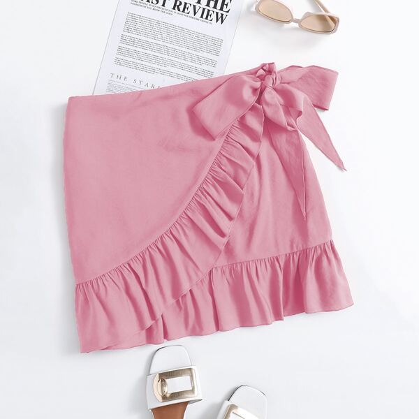 

Plus Ruffle Trim Tie Side Wrap Skirt, Pink