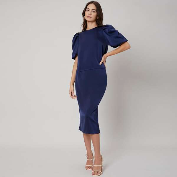 

PUFF SLEEVE TOP & SKIRT SET, Navy blue