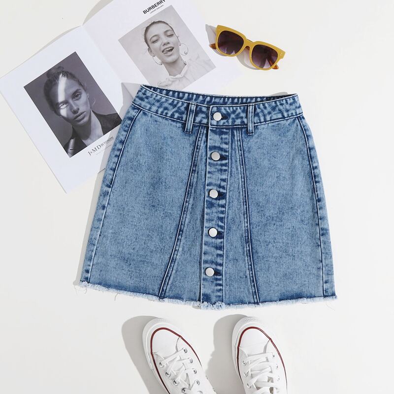 

Raw Hem Button Up Denim Skirt, Medium wash