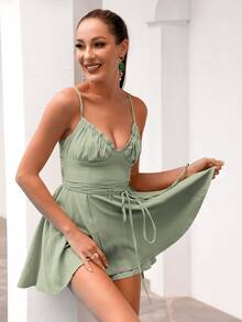 素色抽褶吊帶連衣裙 - 薄荷綠 - 查看 3