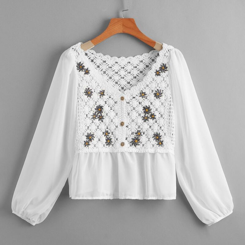 

Floral Embroidery Blouse, White