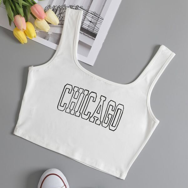 

Letter Graphic Scoop Neck Tank Top, White