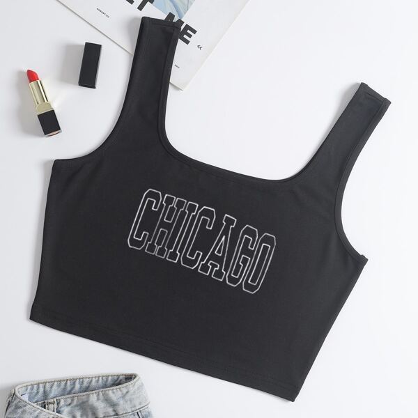 

Letter Graphic Scoop Neck Tank Top, Black