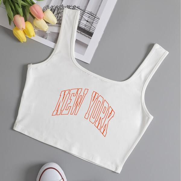 

Letter Graphic Scoop Neck Tank Top, White