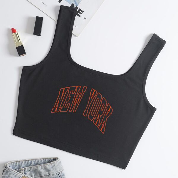 

Letter Graphic Scoop Neck Tank Top, Black