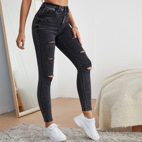 

High Waist Ripped Skinny Cropped Jeans, Dark grey