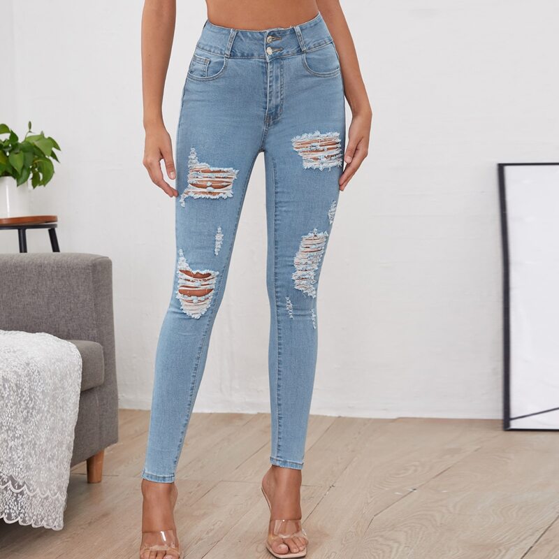 

High Waist Ripped Skinny Jeans, Light wash
