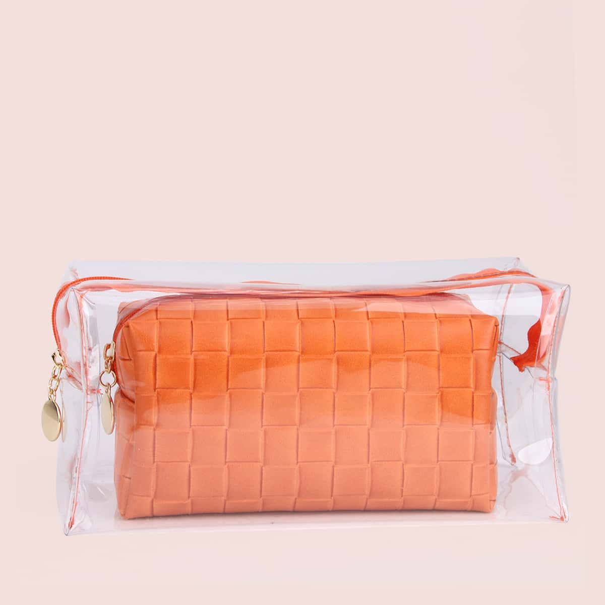

2pcs Clear Square Makeup Bag, Orange