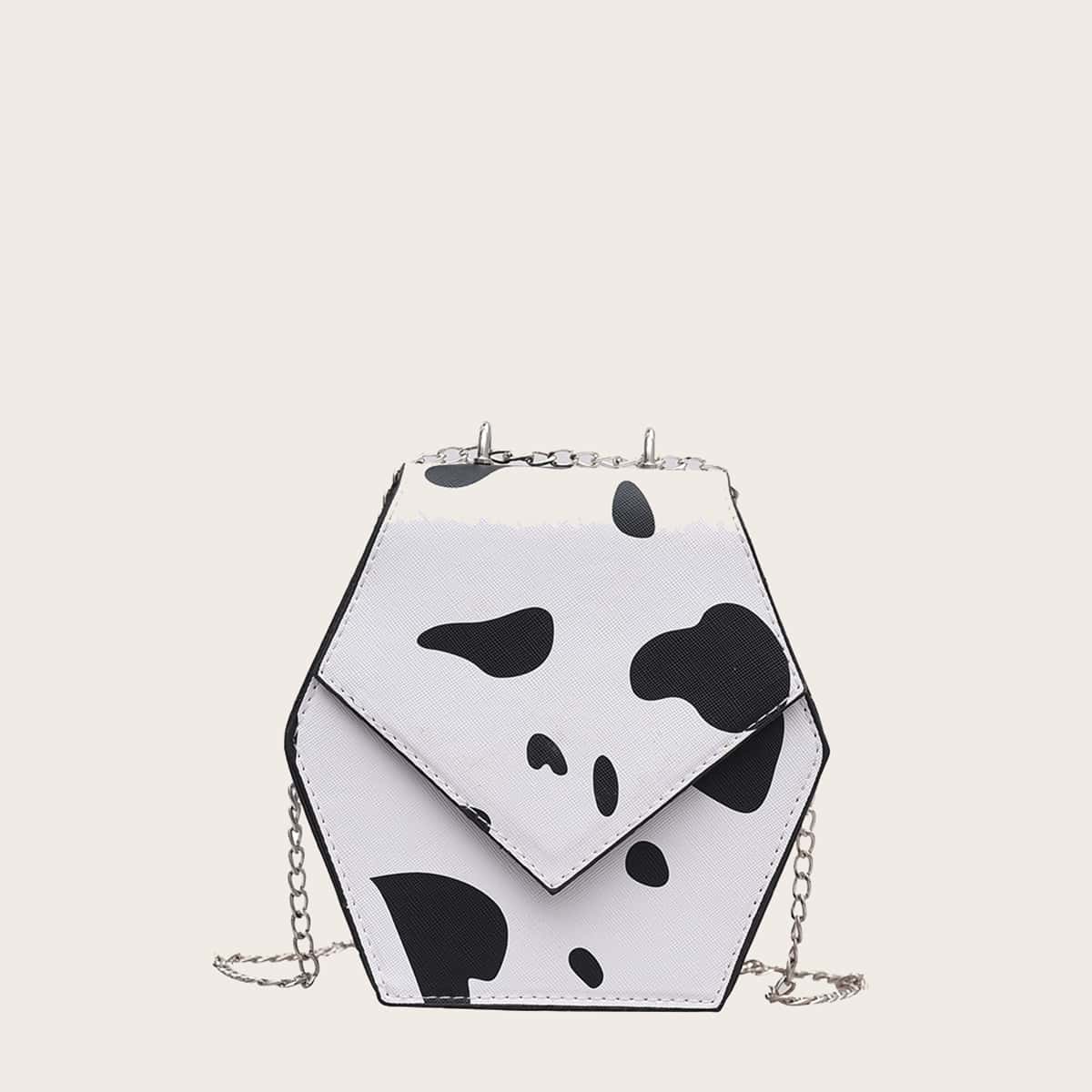 

Cow Print Geo Shaped Crossbody Bag, Black and white