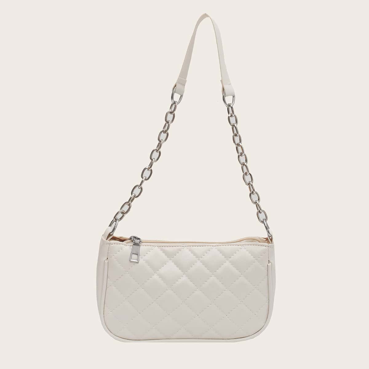 

Quilted Chain Baguette Bag, White