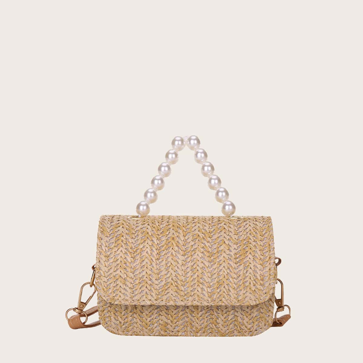 Faux Pearl Handle Straw Satchel Bag, Khaki