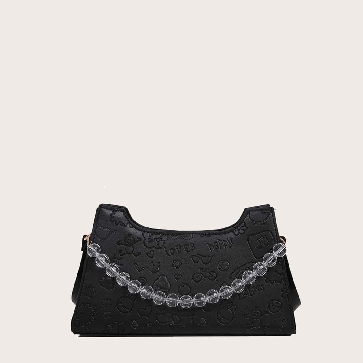 

Cartoon Embossed Baguette Bag, Black
