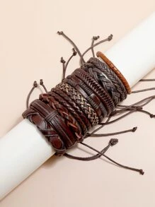 Fashionable and Popular 10pcs Men Woven Bracelet PU for Jewelry Gift and for a Stylish Look - Brown - View 1