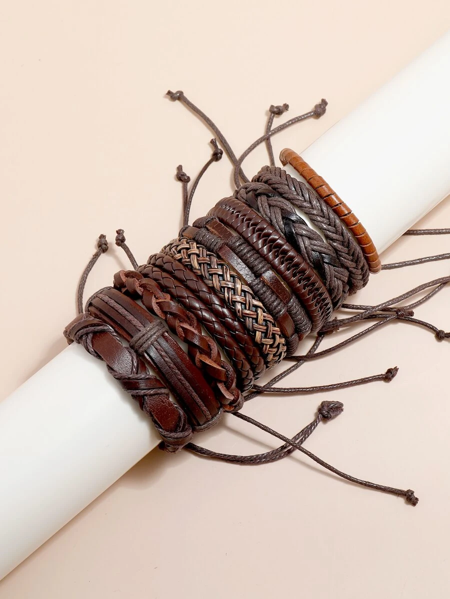 Fashionable and Popular 10pcs Men Woven Bracelet PU for Jewelry Gift and for a Stylish Look - Brown - View 1
