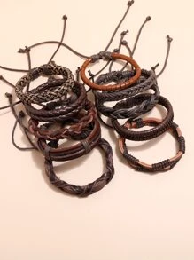 Fashionable and Popular 10pcs Men Woven Bracelet PU for Jewelry Gift and for a Stylish Look - Brown - View 3