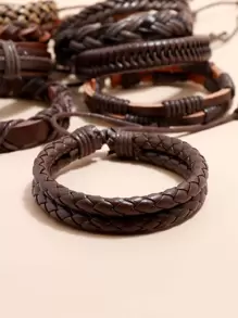 Fashionable and Popular 10pcs Men Woven Bracelet PU for Jewelry Gift and for a Stylish Look - Brown - View 4